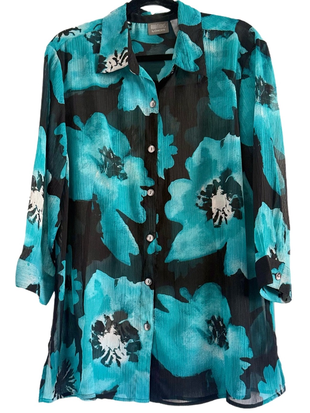 Chico's Vintage Turquoise & Black Floral Button-Down Top XL - Picture 7 of 7